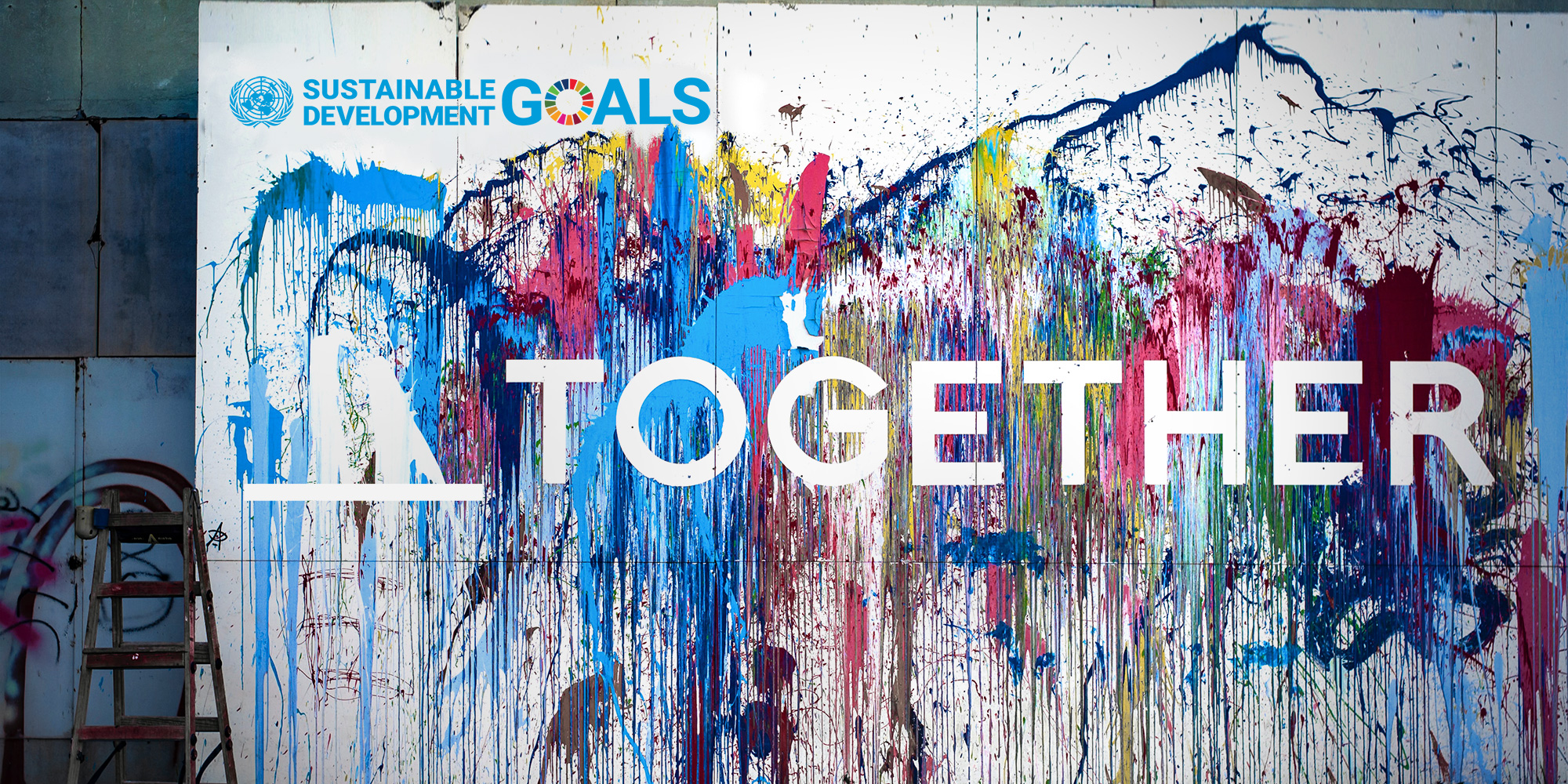 Design of colourful paint on a white wall, with the SDG logo, and TOGETHER written in white and all caps