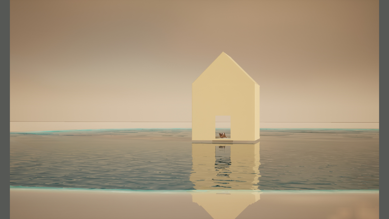 A minimalist scene featuring a small, pale yellow house-like structure situated in the middle of a calm body of water. The water reflects the structure and the soft, pastel sky above. Inside the structure, a seashell is visible through a square opening, adding a subtle element of intrigue to the serene setting. The overall atmosphere is peaceful and contemplative, with gentle colours and clean lines.