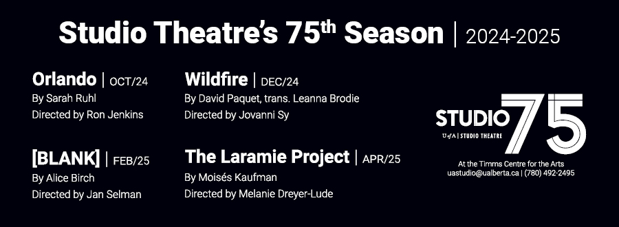 Black background containing text listing the plays being performed in the 2024-2025 Studio Theatre season.