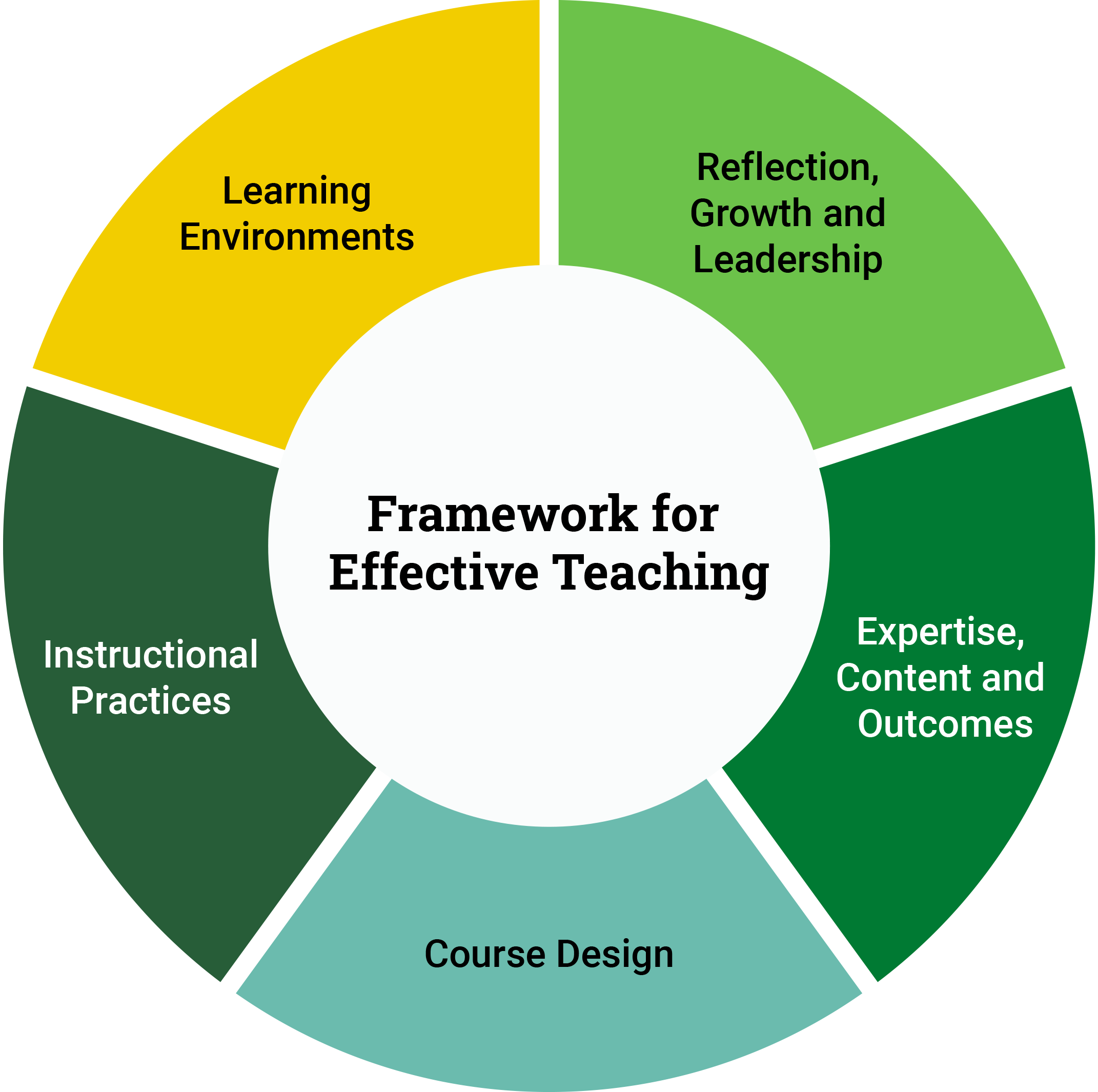 The Framework for Effective Teaching comprises five domains:  Expertise, Content, and Outcomes. Course Design. Instructional Practice. Learning Environments. Reflection, Growth, and Leadership.