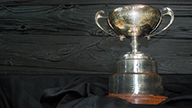 Macgregor Smith trophy framed to right of shot. in front of charred wood wall in the ALES Atrium