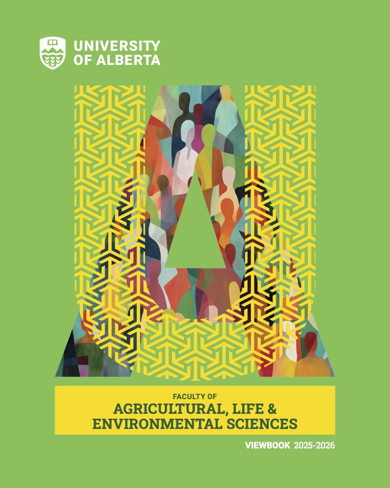 Text reads  AGRICULTURAL, LIFE & ENVIRONMENTAL SCIENCES VIEWBOOK 2025 - 26. Design of a stylized body of people in U of A brand colors yellow and green