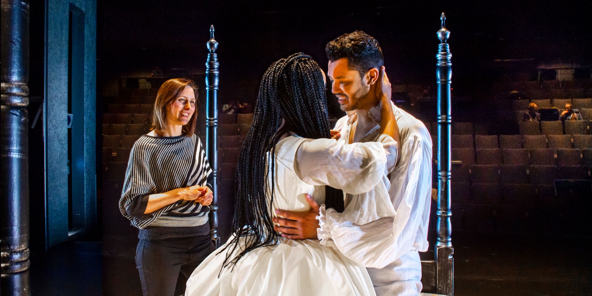 Intimacy director Janine Waddell (left) guides U of A drama students Helen Belay and Diego Stredel as they rehearse a crucial love scene in the upcoming Studio Theatre production of John Dryden's "All for Love." (Photo: Richard Siemens)