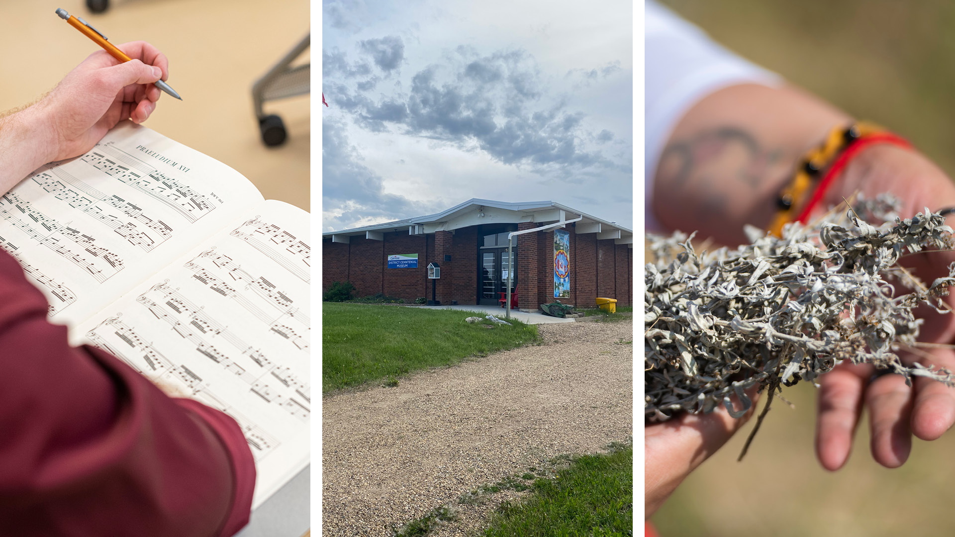 A photo of a student reading sheet music, a photo of the Camrose & District Centennial Museum, and a photo of hands holding sage.