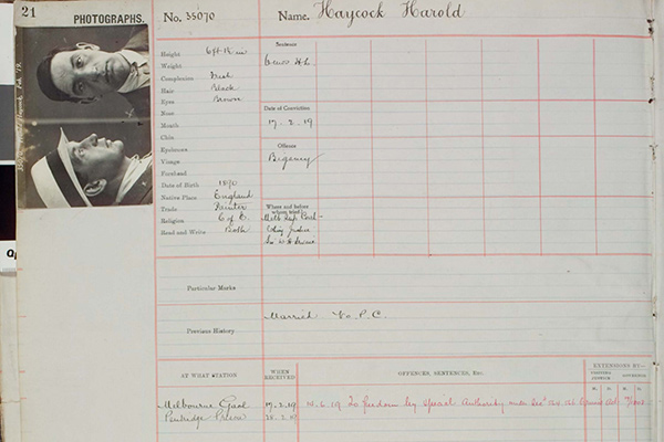 A photo of a prison record of a bigamy case featuring photographs of a man in a white bowler hat and hand-written notes, from 1919.