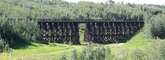 The wooden train trestle in Camrose's Stoney Creek Park.