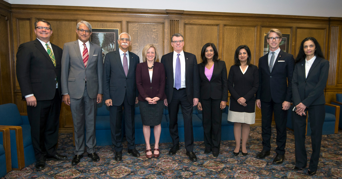 Left to right: Dean Stan Blade, Aga Khan Council for Canada President Malik Talib, Aga Khan University President Firoz Rasul, Alberta Premier Rachel Notley, University of Alberta President David Turpin, Aga Khan Council for Canada Vice-President Karima Karmali, Ismaili Council of Edmonton President Zahra Somani, Landscape Architect Thomas Woltz, Ismaili Council for the Prairies President Fauzia lalani-Khudabux