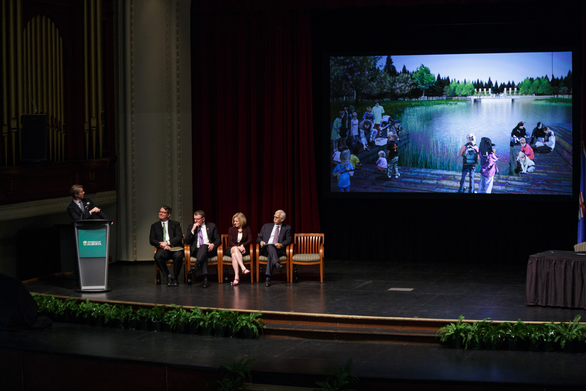 At the podium: Thomas Woltz, Principal of Nelson Byrd Woltz Landscape Architects describing the Learning Dock at the Aga Khan Garden Seated from left to right: Faculty of Agricultural, Life & Environmental Sciences Dean Stan Blade, University of Alberta President David Turpin, Alberta Premier Rachel Notley, Aga Khan University President Firoz Rasul