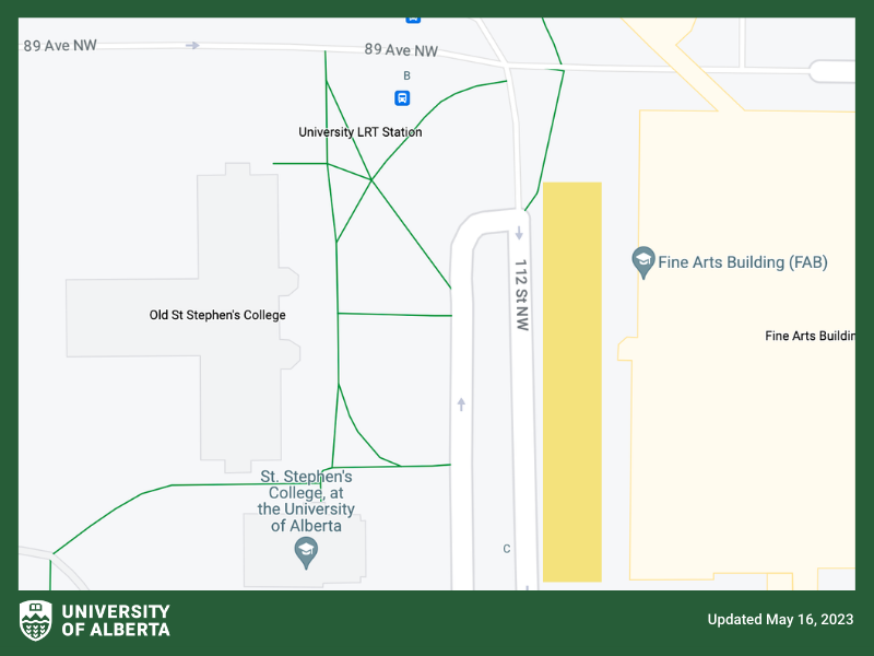 Map of Fine Arts Building with 112 Street pathway highlighted.