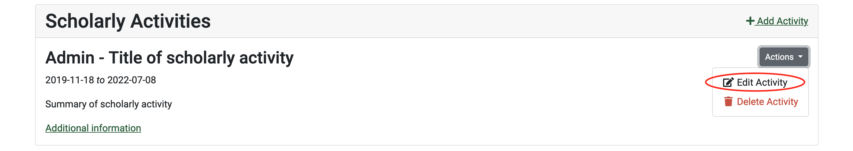 Screenshot of the Edit Activity in the Actions drop-down menu of the Scholarly Activites section