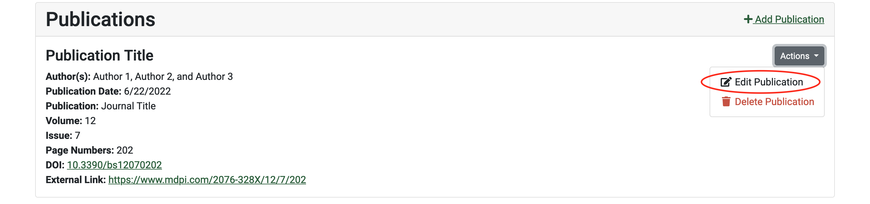 Screenshot of the Edit Publication in the Actions drop-down menu in the Publications section