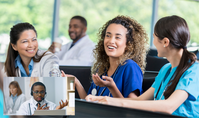 Medical personnel in a lecture theatre as well as online