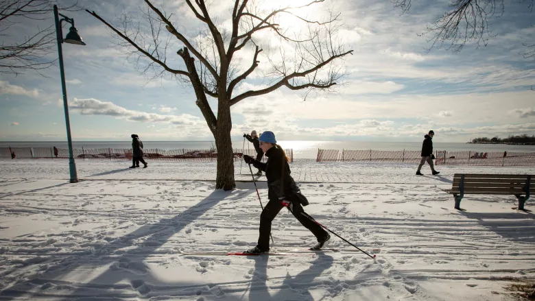 Picture of woman walking in a park on a snowy day.