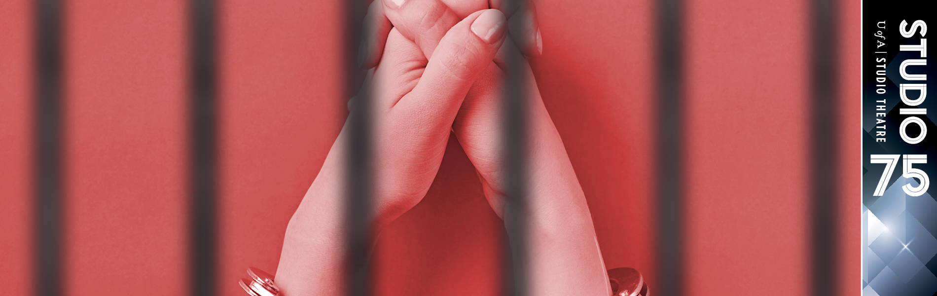 a woman's hands clasped and wearing handcuffs pictured behind bars on a red background