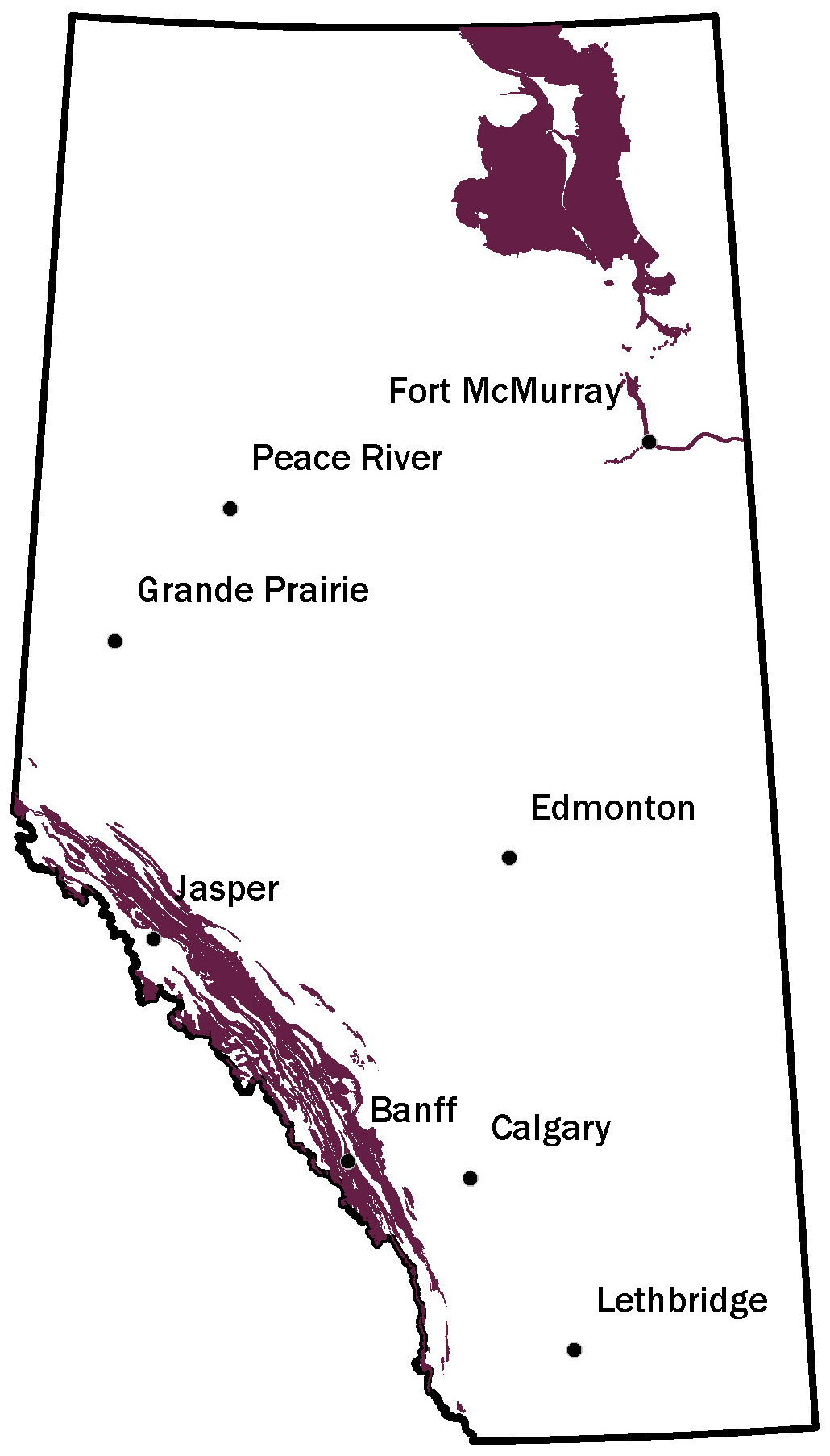 Map of Alberta showing where to find limestone and dolomite in the Rockies and in northeastern Alberta