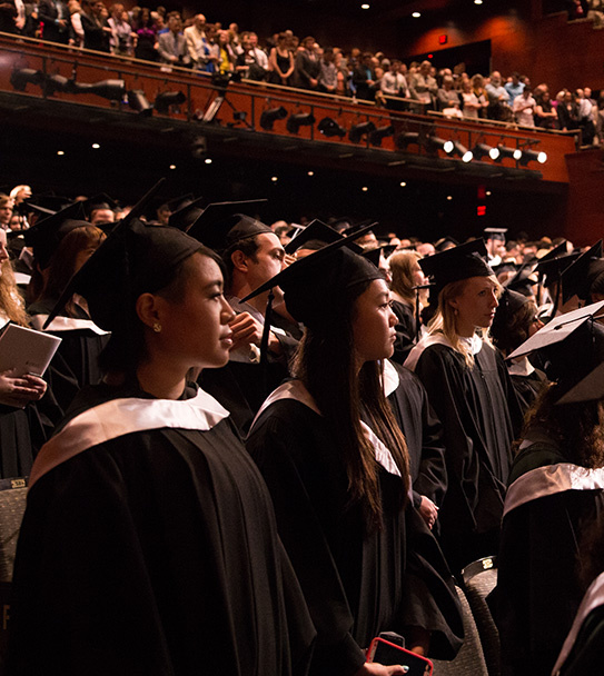 Crowd of students in cap and gown at convocation ceremony