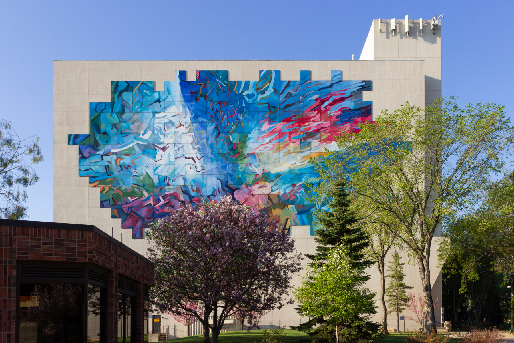 Outside of Education building - summer surrounded by green trees