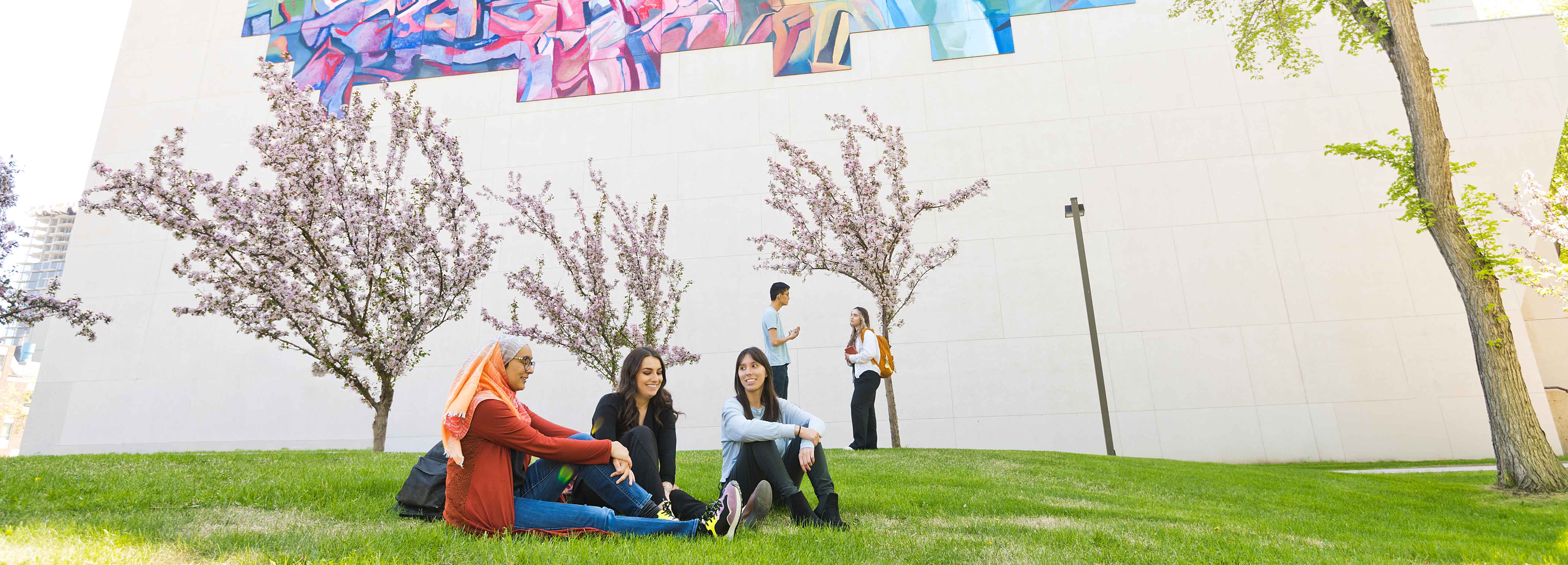 Students in front of the education building