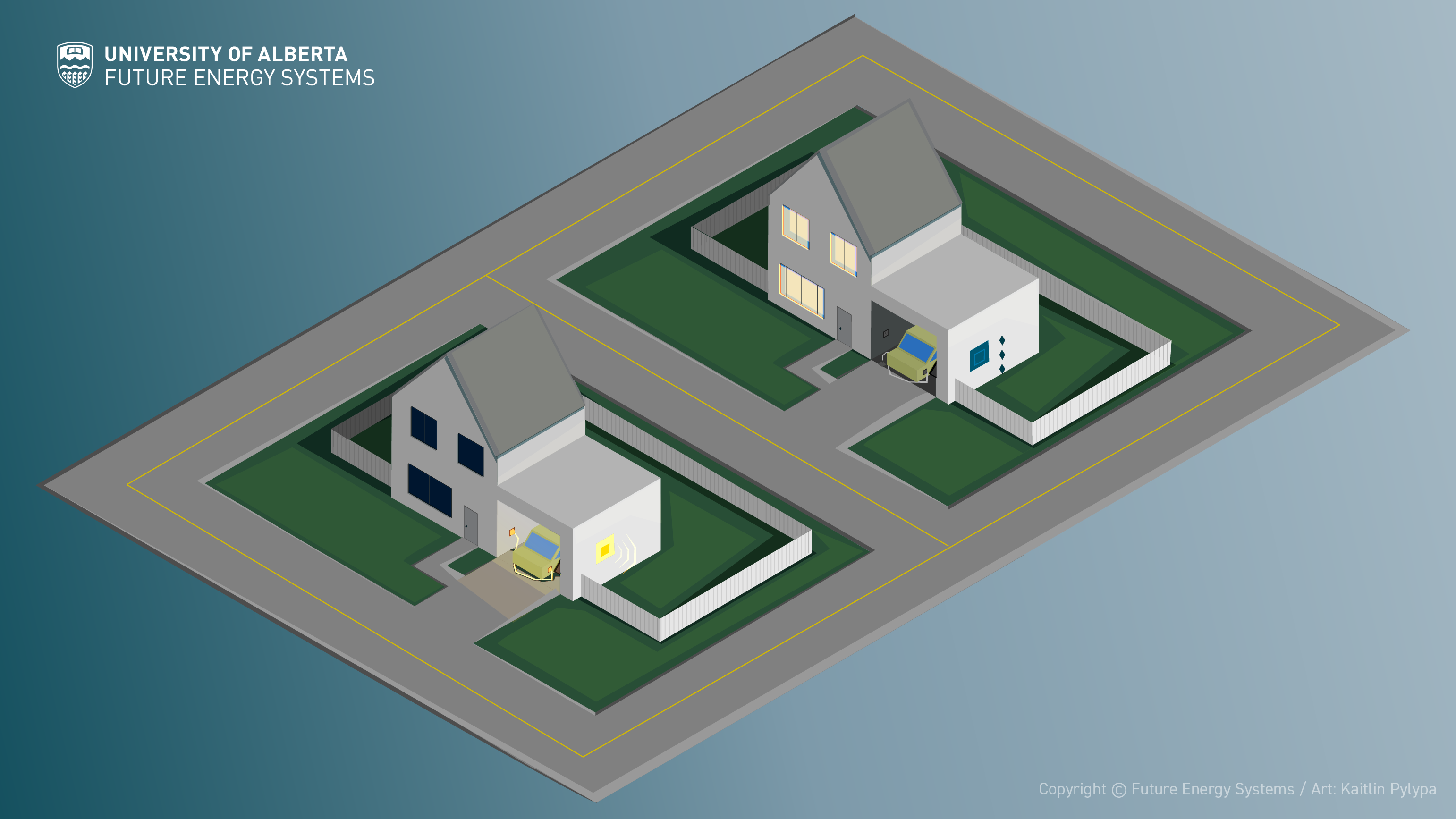 Two houses with electric cars, one charging and one not charging, and different energy uses (lights) within the house windows