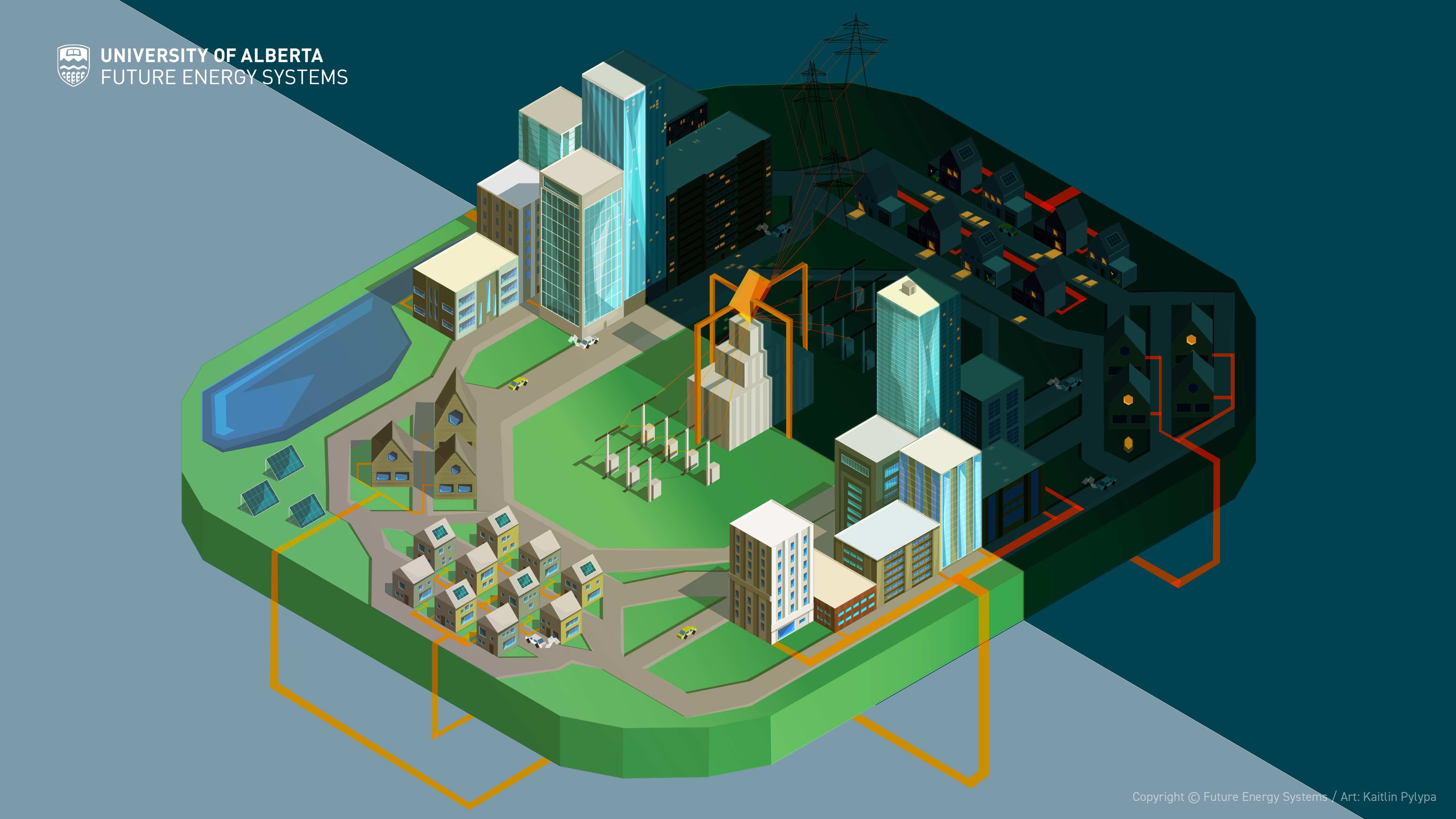 A simplified diagram of a city split between night and day, with different power uses, all connected by the electric distribution grid.