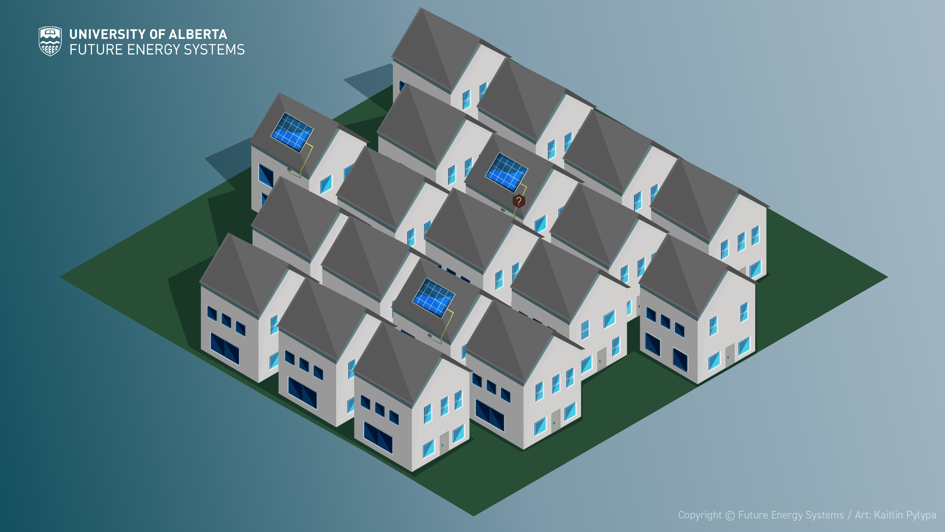 A collection of houses, three with solar panels on the roof for energy generation, one directly metered to measure power generation of the panel.