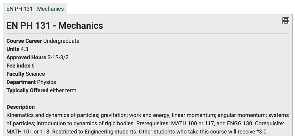 Screen capture of the EN PH 131 course entry in the 2022/2023 University of Alberta Calendar