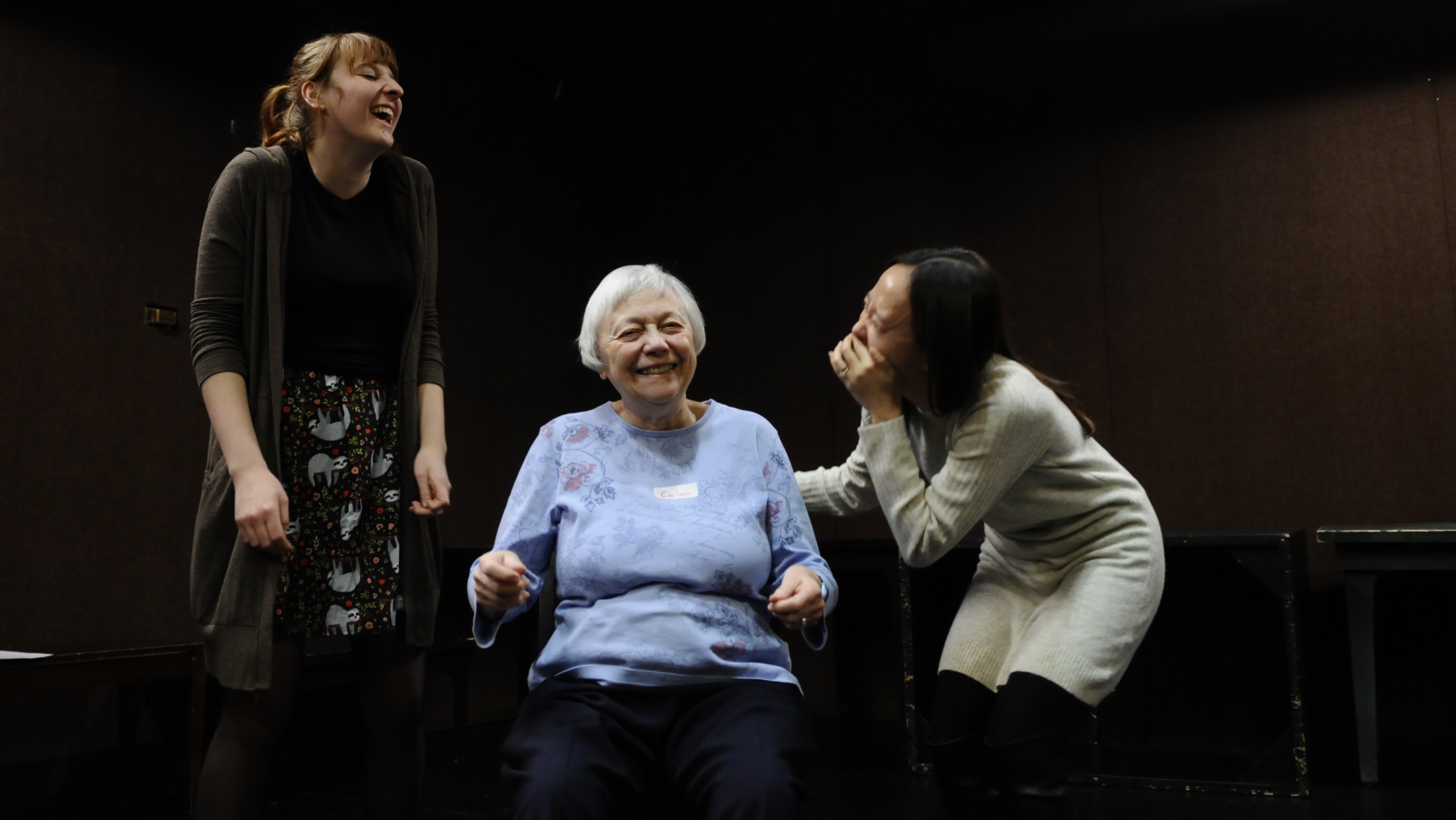 Carlean Fisher of GeriActors & Friends rehearses new plays with student volunteers in December of 2017. (Photo: Jen Shaw)