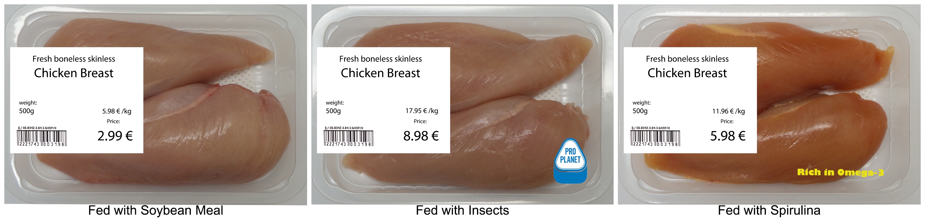 Comparison of chicken raised on soybean meal (left), insect meal (middle) and spirulina algae (right). (Photos: Supplied)