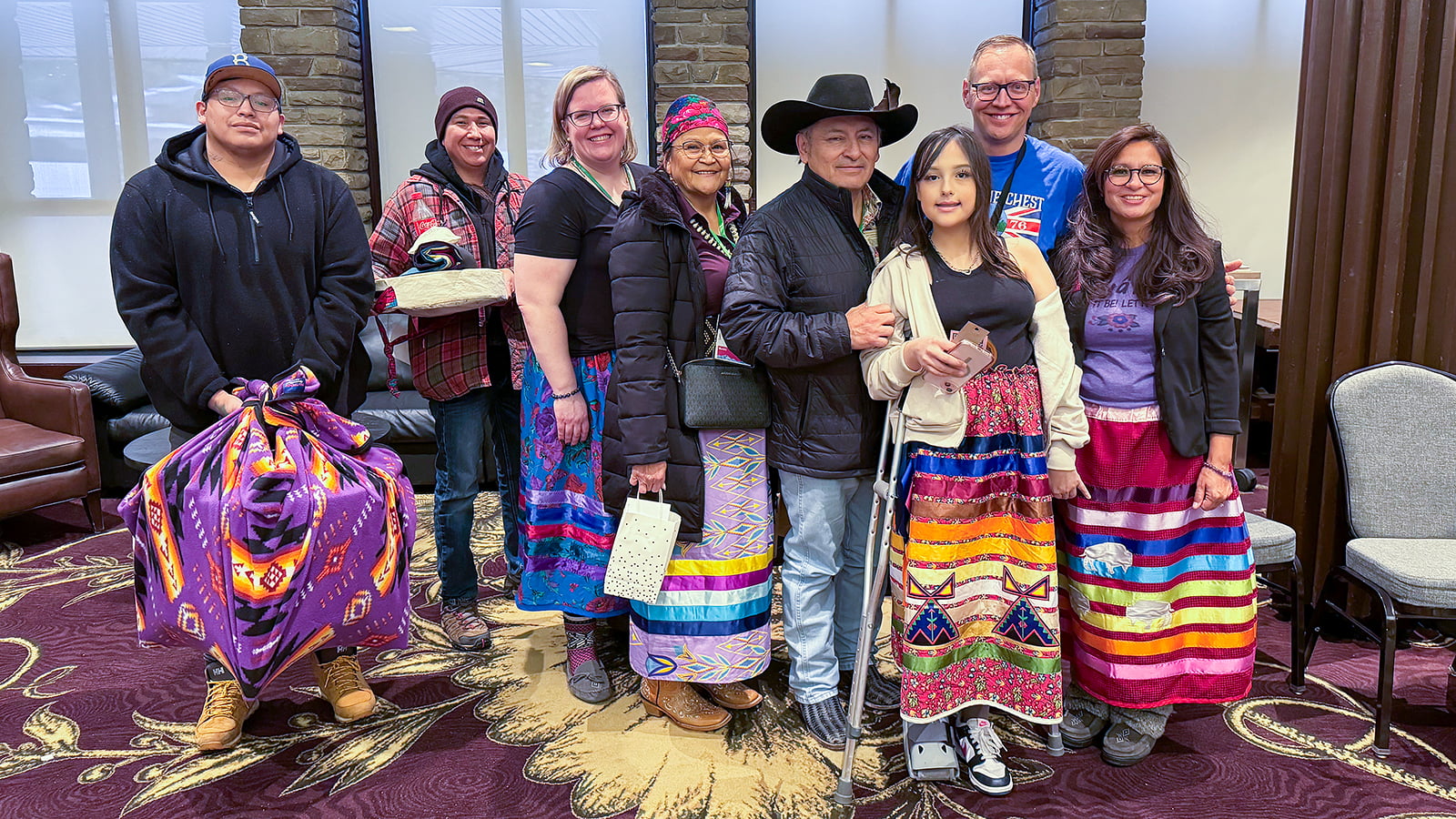 (From left) Brodi Paul, Koshkabi (helper); Darcy Paul, Koshkabi; Amanda Radil, research associate with CHCP; Daphne Alexis, Knowledge Keeper, Alexis Nakota Sioux First Nation; Arnold Alexis, Elder, Alexis Nakota Sioux First Nation; Youth, Alexis Nakota Sioux First Nation; Doug Klein, U of A professor of family medicine; Loretta Tuttauk, Indigenous Community Co-ordinator with CHCP (Photo: Charice Chan)