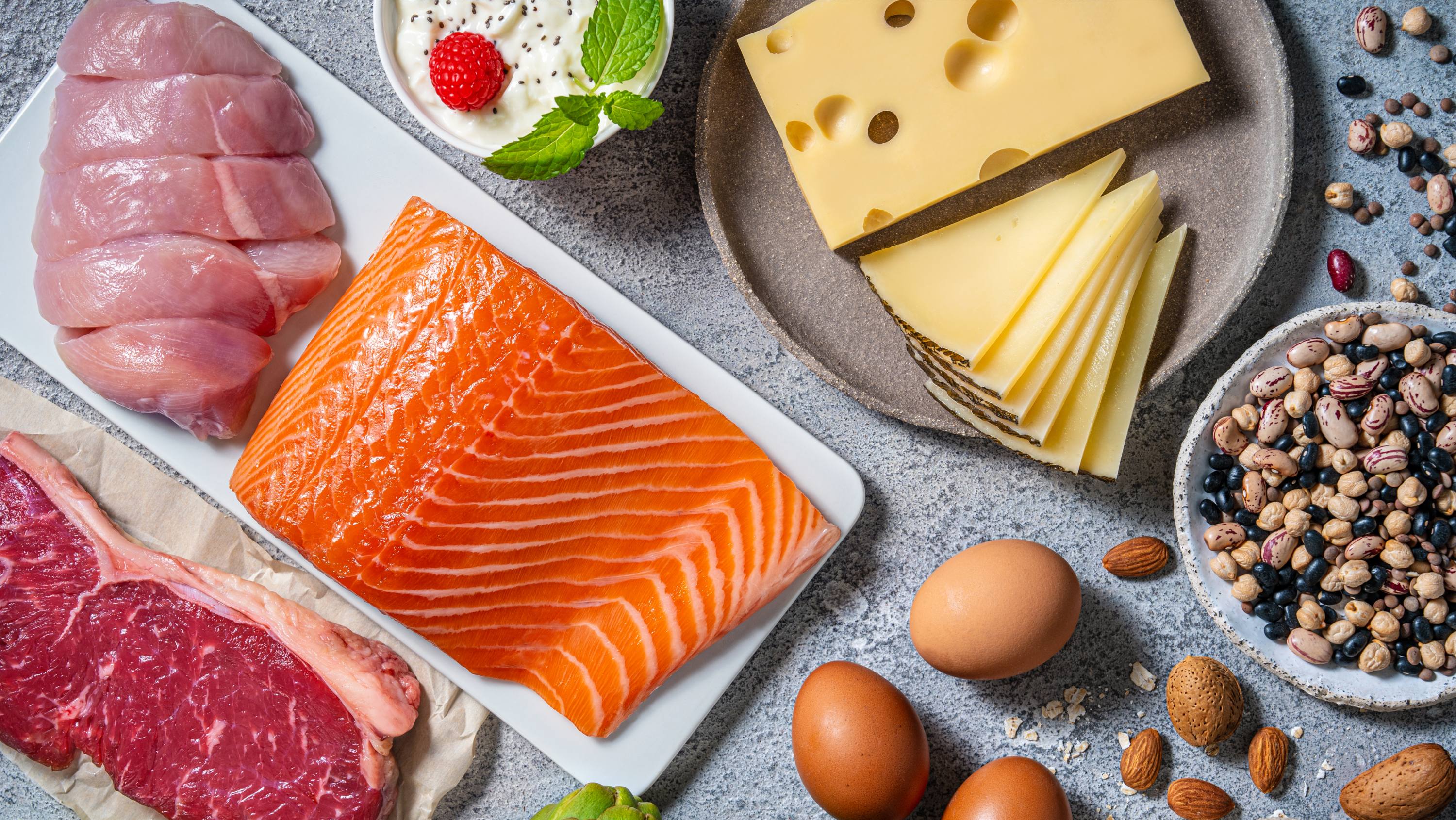 A variety of protein sources including chicken, salmon, eggs and cheese. (Photo: Getty Images)