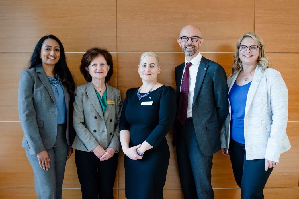 Angelina Bakshi, Board Chair, Alberta Diabetes Foundation; Brenda Hemmelgarn, Dean, Faculty of Medicine & Dentistry; Lindsay Burnham, Executive Director, Alberta Diabetes Foundation; Peter Senior, Director, Alberta Diabetes Institute; Melanie Hibbard, Executive Director, Diabetes Research Institute Foundation Canada (Photo credit: Laughing Dog Photography)