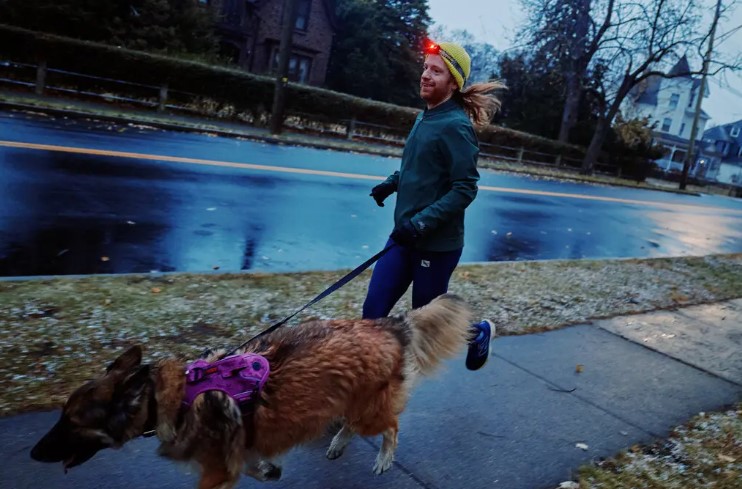 Person walking dog in cold weather