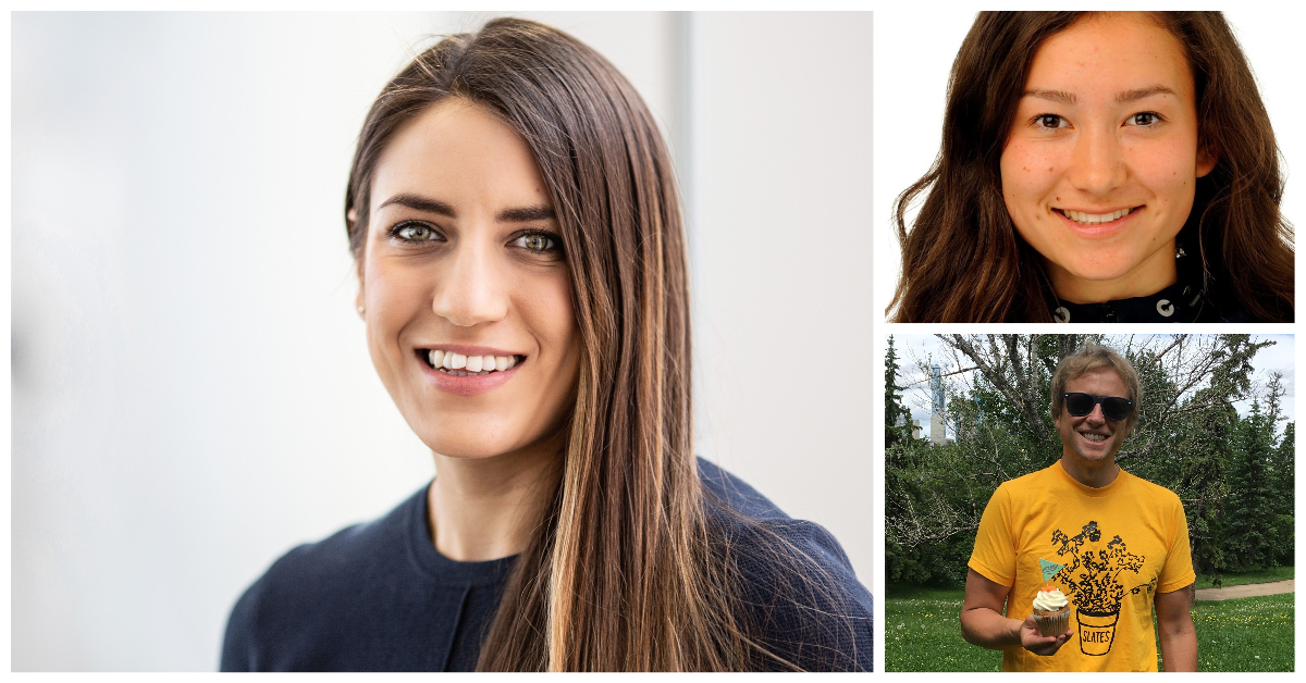 collage of three individuals. left photo is a close-up angle of a dark hair female smiling into camera, top right photo is another close-up shot of a dark haired female, bottom right photo of blond male in a yellow tshirt holding a cupcake