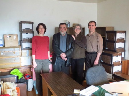 Roman Onufrijchuk's storage room as materials are reviewed and packed for the trip to the Medwidsky Archives