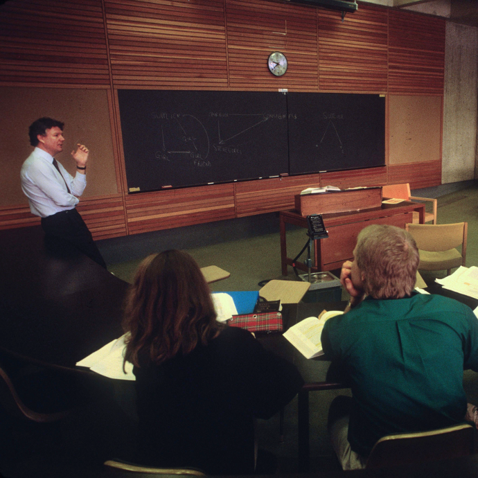 David Percy teaching Contracts circa 1970, from University of Alberta, A Time to Remember, photography by Phil Schofield