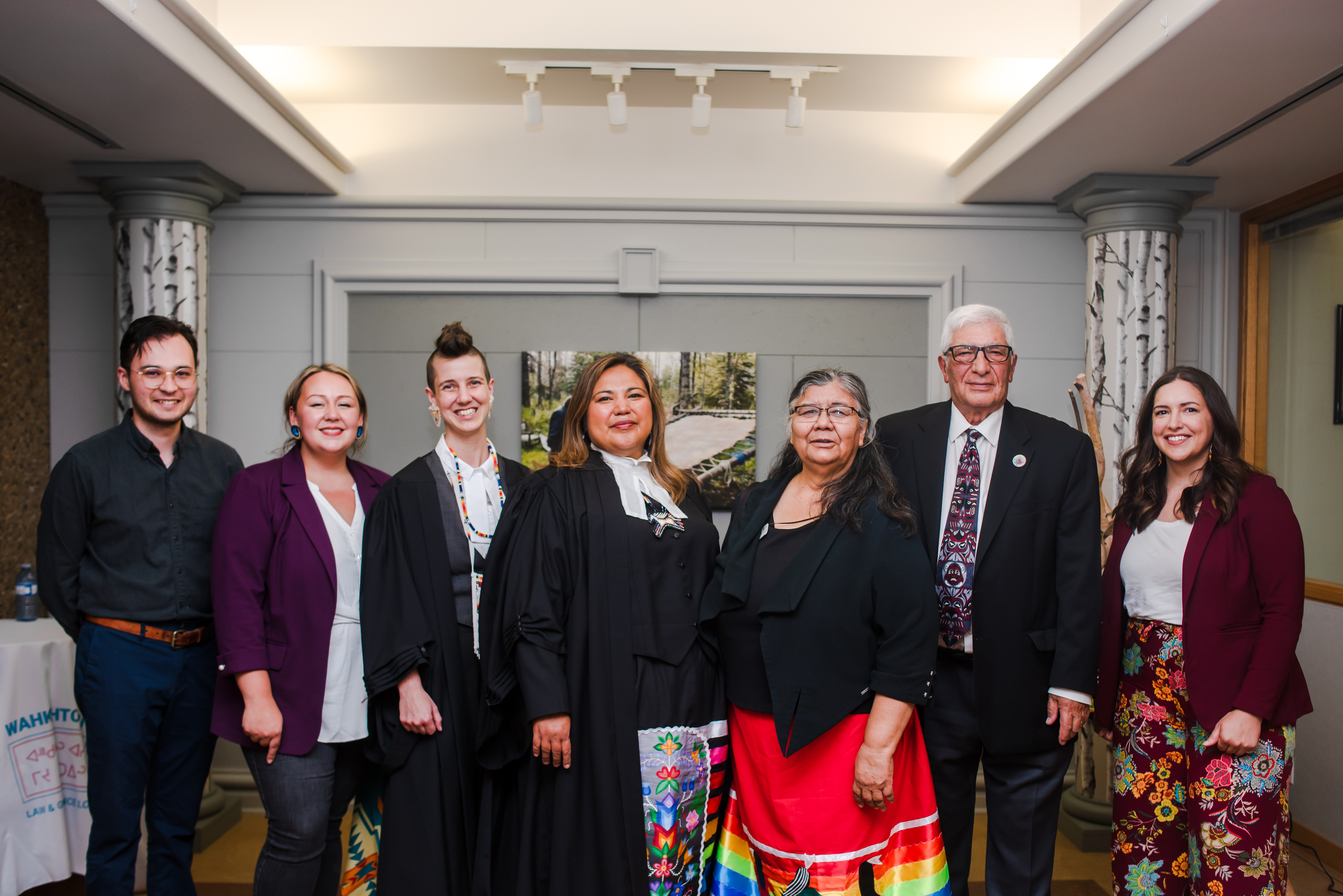 L to R: Gavin Cazon-Wilkes, Casey Caines, Hero Laird, Koren Lightning-Earle, Eileen Sasakamoose, the Hon. Leonard (Tony) Mandamin, Sarah Kriekle