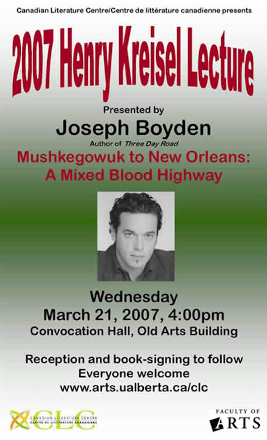 Poster for 2007 Kreisel Lecture with Joseph Boyden