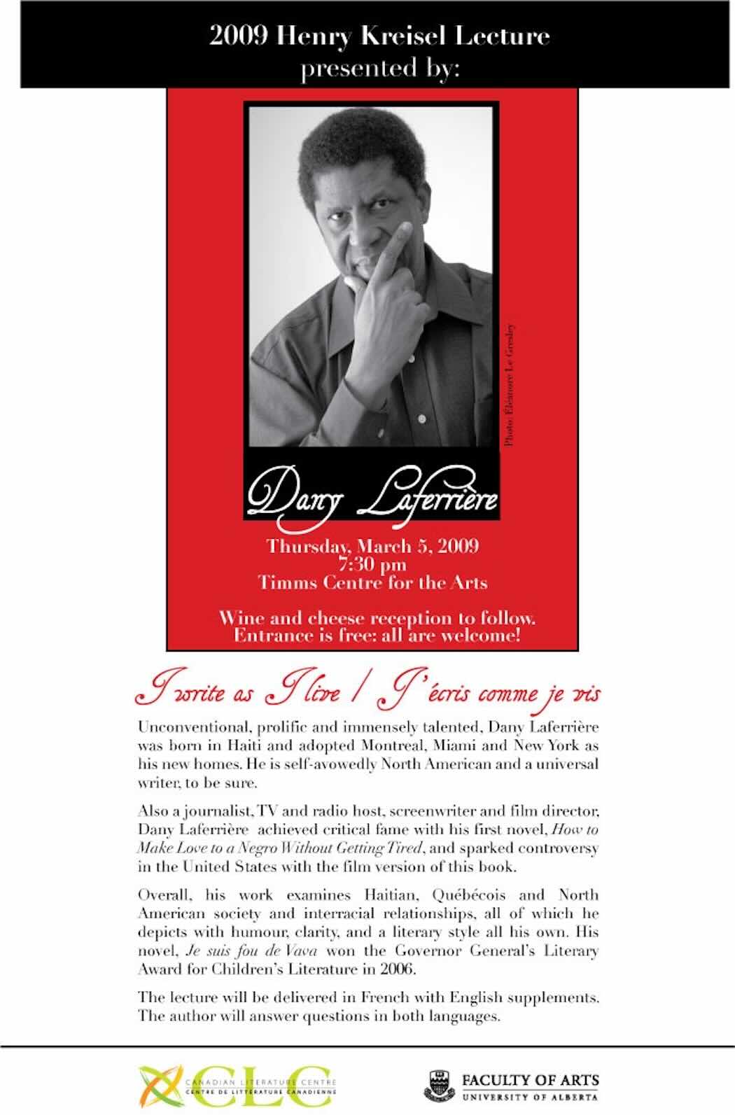 Poster for 2009 Kreisel Lecture with Dany Laferrière