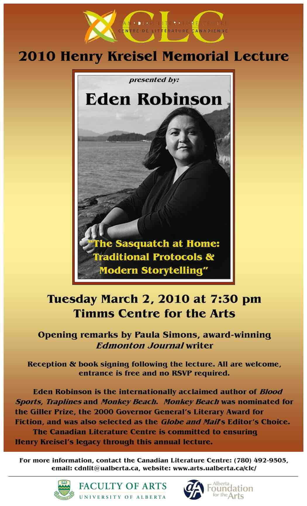 Poster for 2010 Kreisel Lecture with Eden Robinson