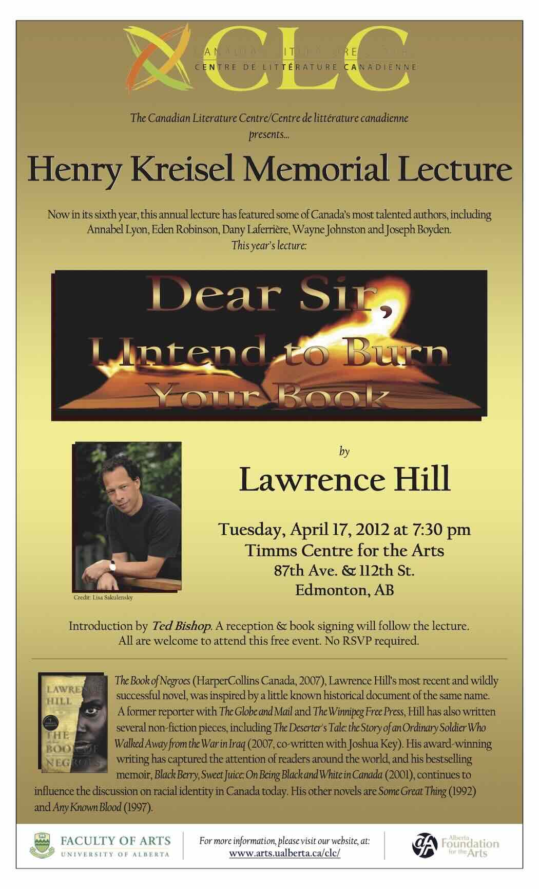 Poster for 2012 Kreisel Lecture with Lawrence Hill