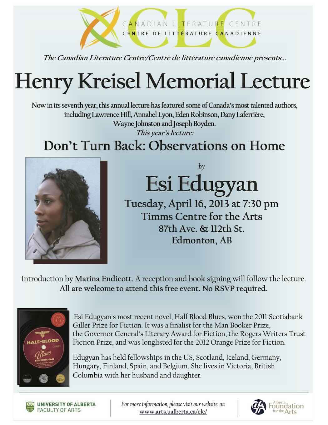 Poster for 2013 Kreisel Lecture with Esi Edugyan