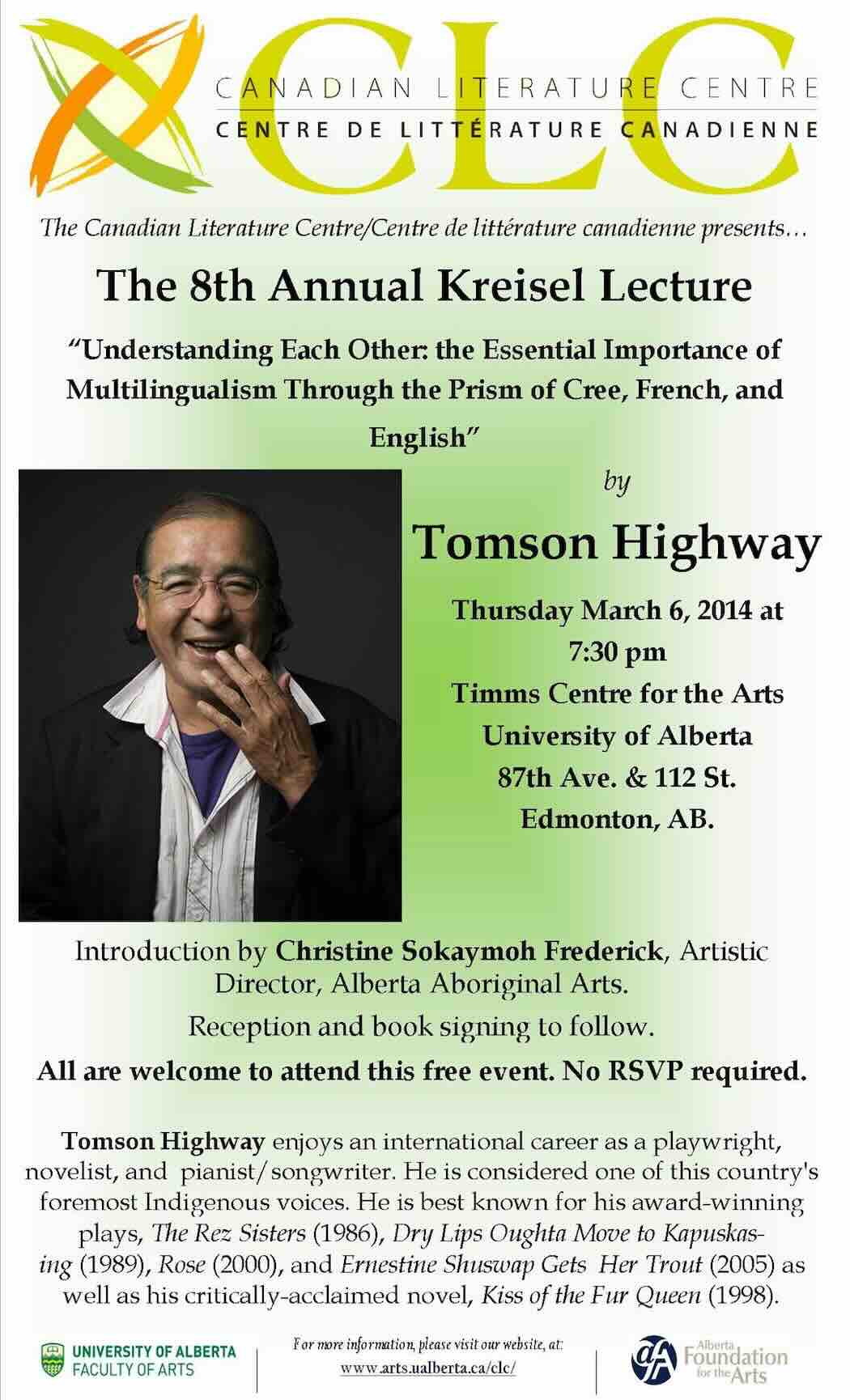 Poster for 2014 Kreisel Lecture with Tomson Highway