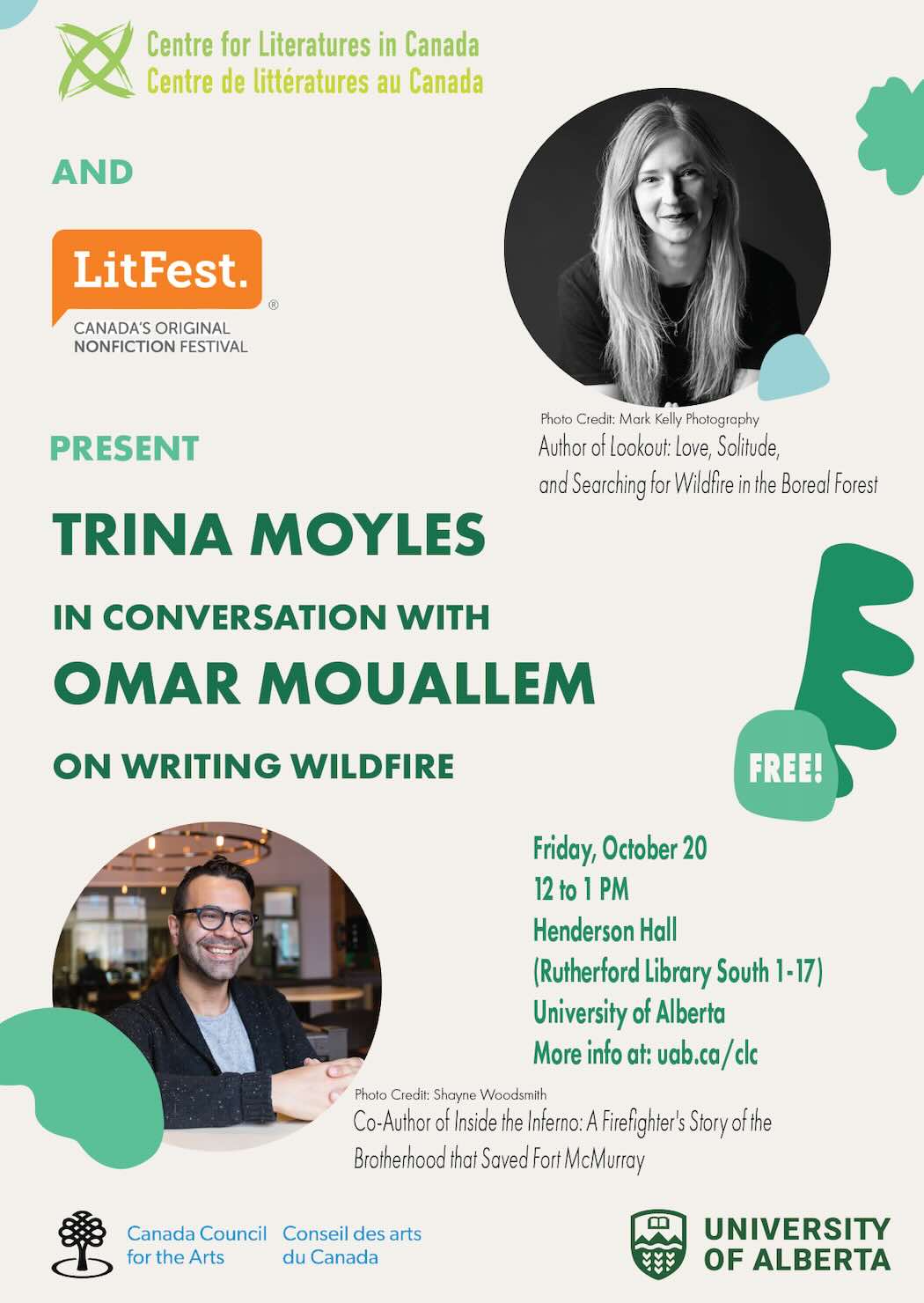 Poster for Trina Moyles and Omar Mouallem LitFest Reading Event