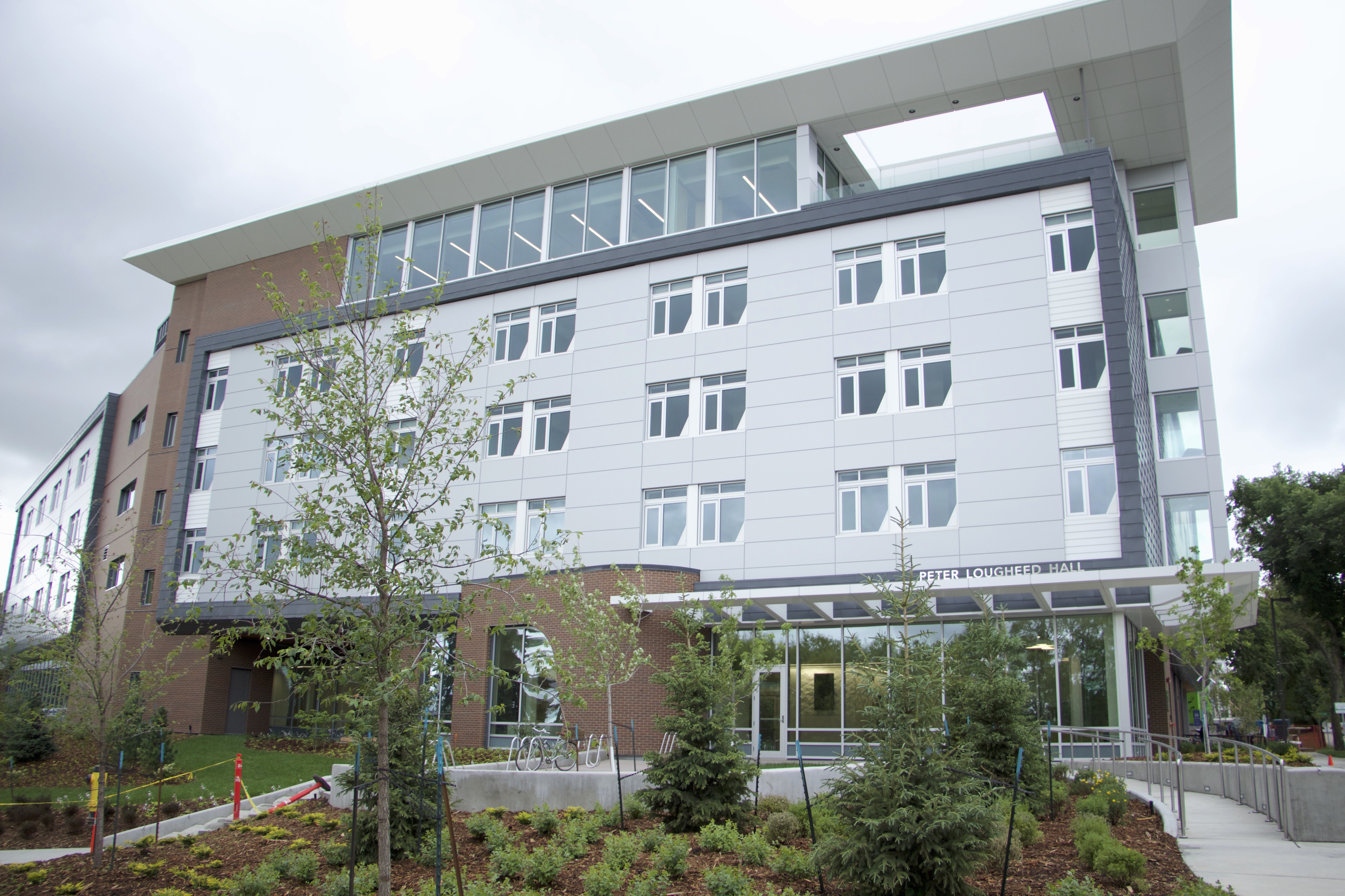 Pic of Peter Lougheed Hall, a five story modern residence building