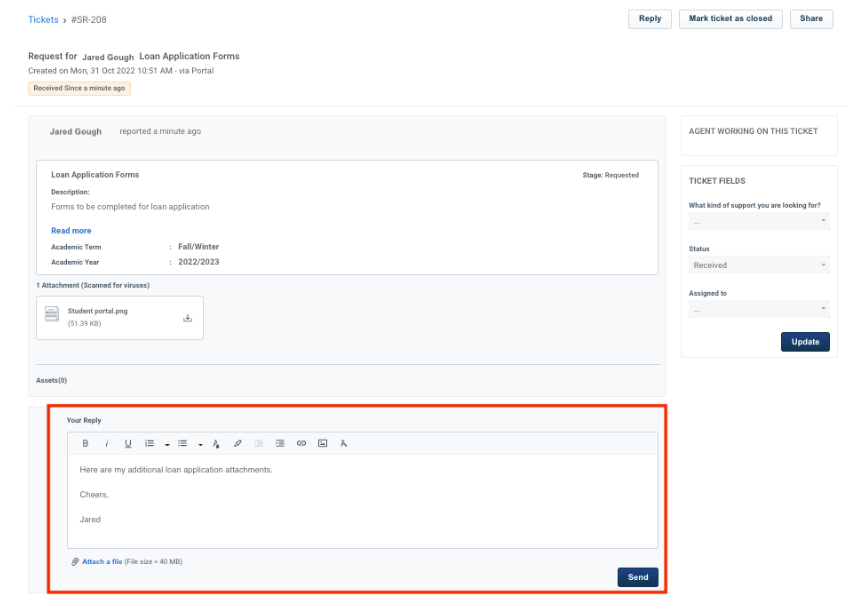 Screenshot of the Freshservice student portal showing the details of an open ticket