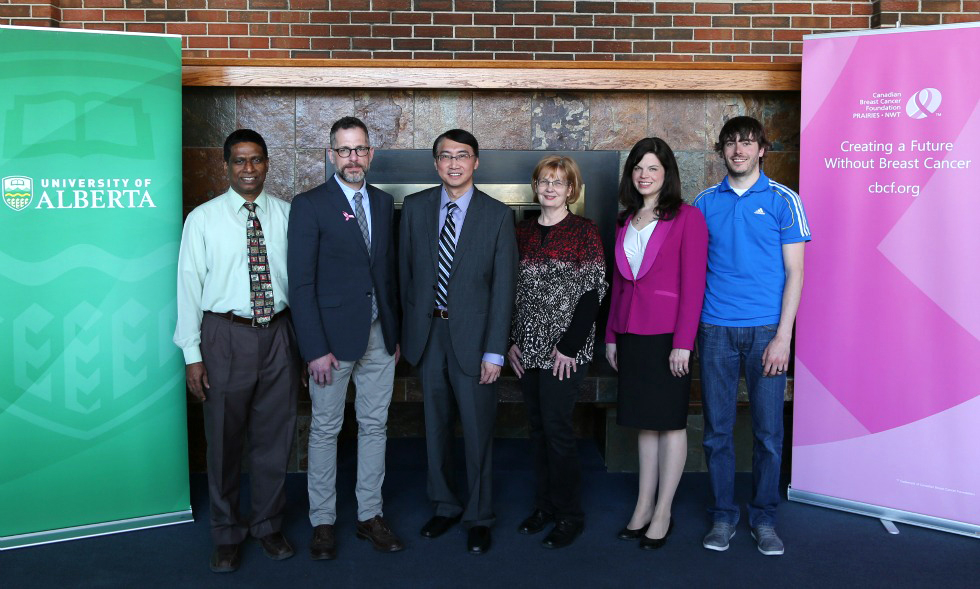 (From left) Cancer researchers Kurian Joseph, Alan Underhill, Wilson Roa, Mary Hitt, Lynne-Marie Postovit and Justin Pare were awarded a total of $1.6M in funding from the Canadian Breast Cancer Foundation.