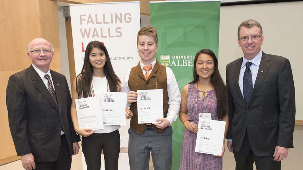 (L-R) Dr. Lorne Babiuk, vice-president of research; Gem Shoute, Faculty of Engineering; Joshua Lee, Faculty of Medicine & Dentistry; Lian Willetts, Faculty of Medicine & Dentistry; Dr. David Turpin, Univeristy of Alberta president