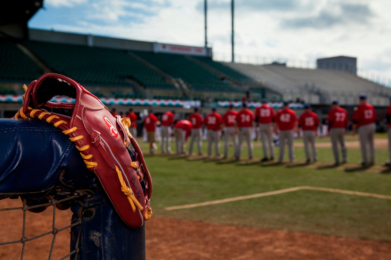 Players on the field at the World's Longest Baseball Game.