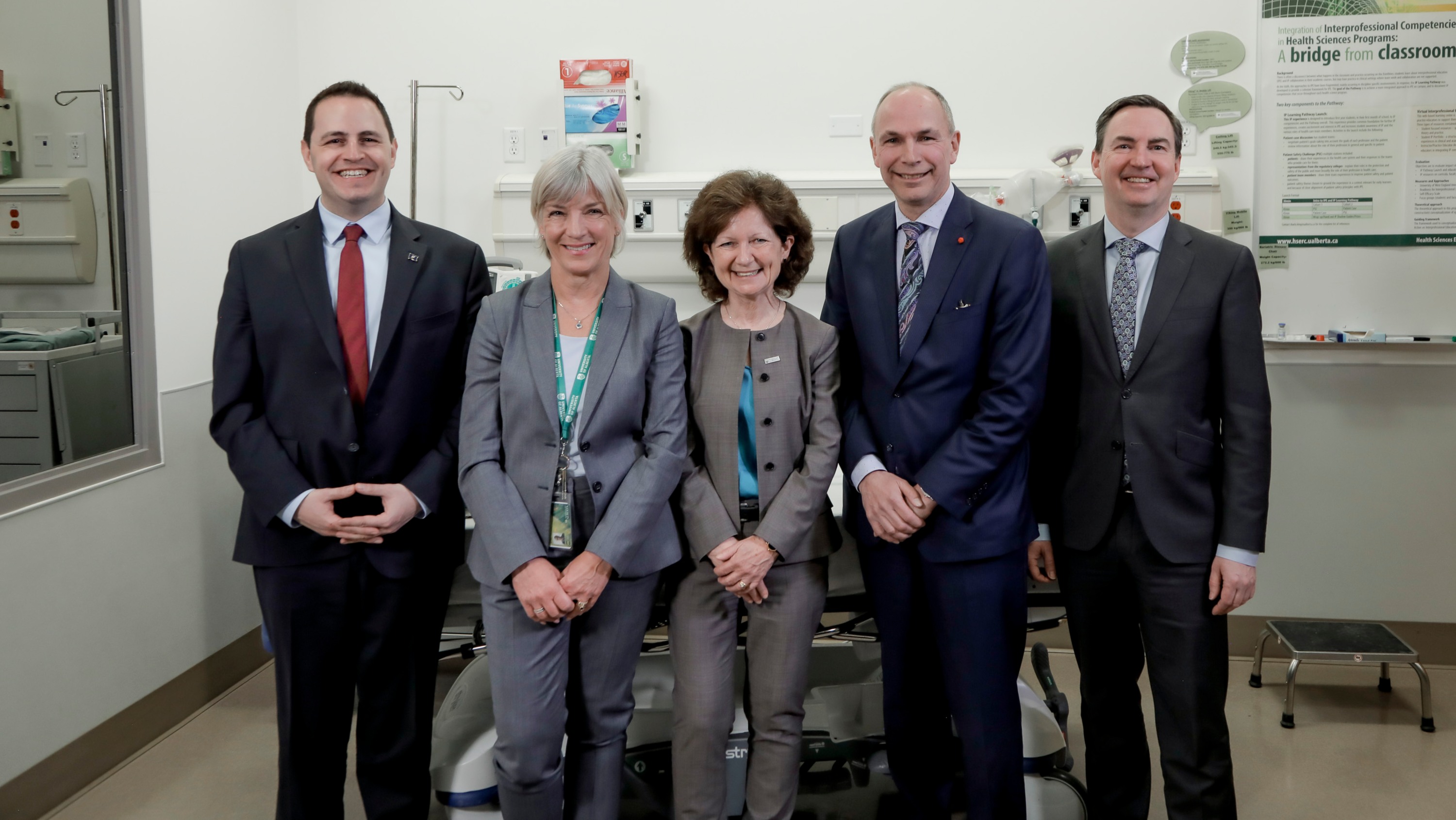 From left to right: Advanced Education Minister Demetrios Nicolaides, Interim Dean Greta Cummings of the U of A's College of Health Sciences, Dean Brenda Hemmelgarn of the U of A’s Faculty of Medicine and Dentistry, Dean Todd Anderson of the University of Calgary’s Cumming School of Medicine; and Health Minister Jason Copping.