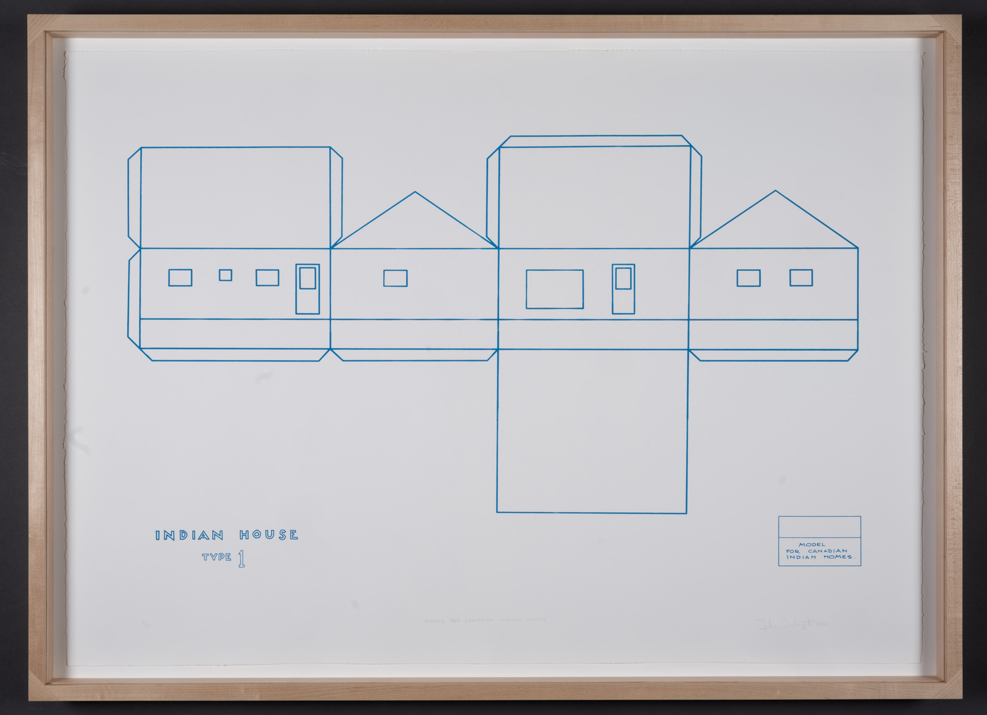 A blue drawing of a house laid flat.